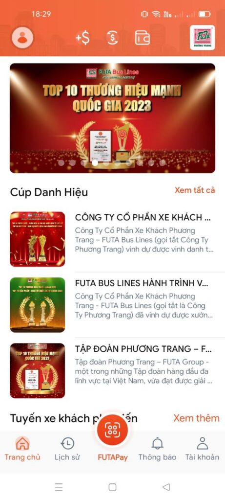 Giao diện app đặt xe FUTA của nhà xe Phương Trang